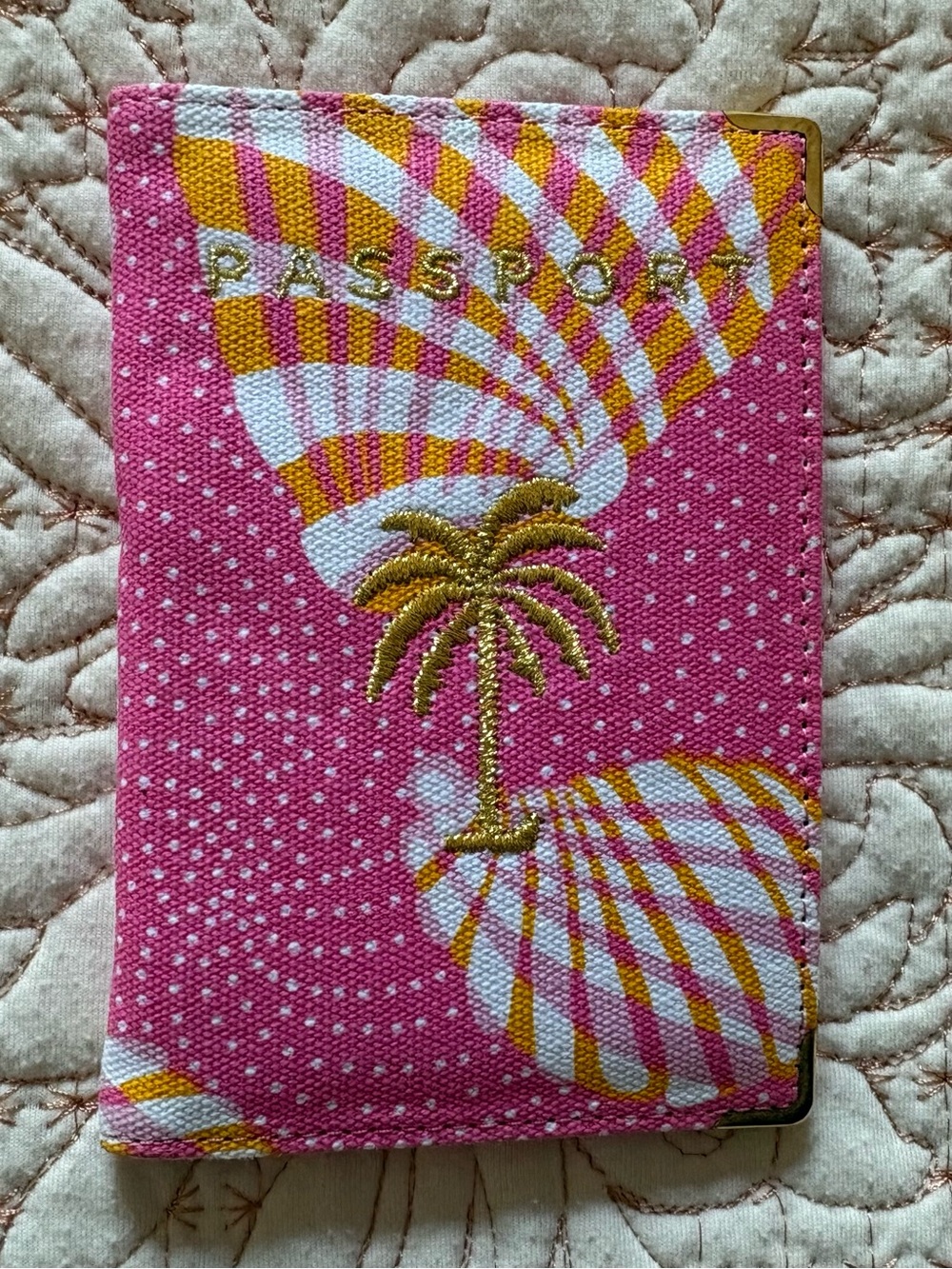 Lilly Pulitzer Great Escape Palm Tree Passport Holder in Pink, Orange, and Gold